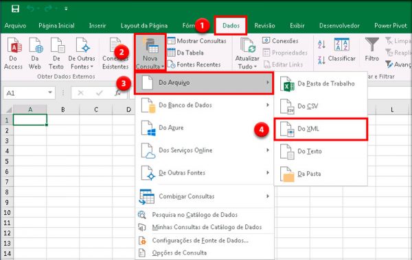 Se você possui uma das primeiras versões do Excel 2016, acesse a aba "Dados" e no grupo de opções "Obter e transformar" clique em "Nova Consulta", vá em "Do arquivo" e em seguida clique em "Do XML"