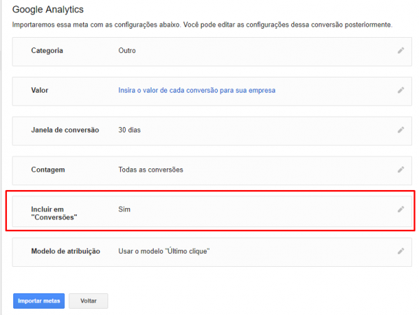 Importação de Metas do Google Analytics